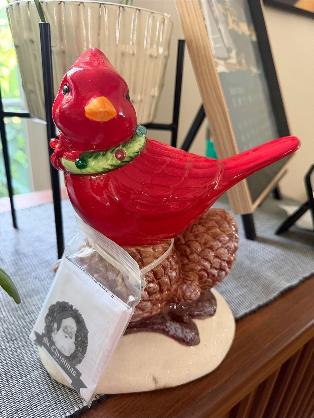 Festive Red Ceramic Cardinal Figurine with Green Beaded Collar - Pet Bird Decor
